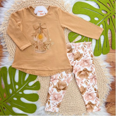 Conj. Blusa Manga Longa Lamp for the Paths e Calça Legging Floral - Caramelo